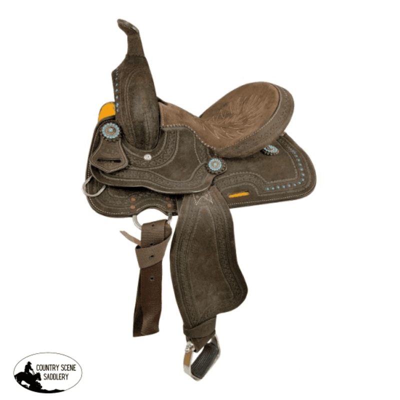 12″ Double T  Barrel style saddle with Oiled Rough out leather,