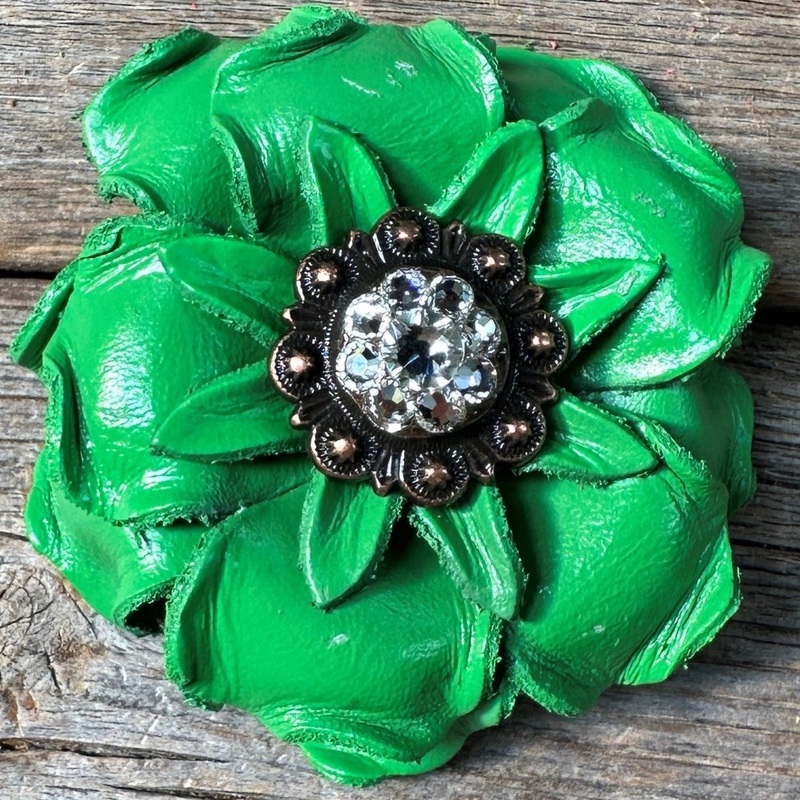 Neon Green Gardenia Flower With Copper Clear 1″ Concho