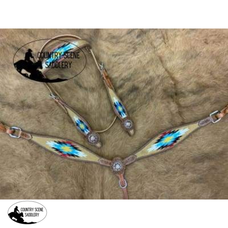 Showman Browband Headstall & Breast collar set with wool southwest blanket inlay.