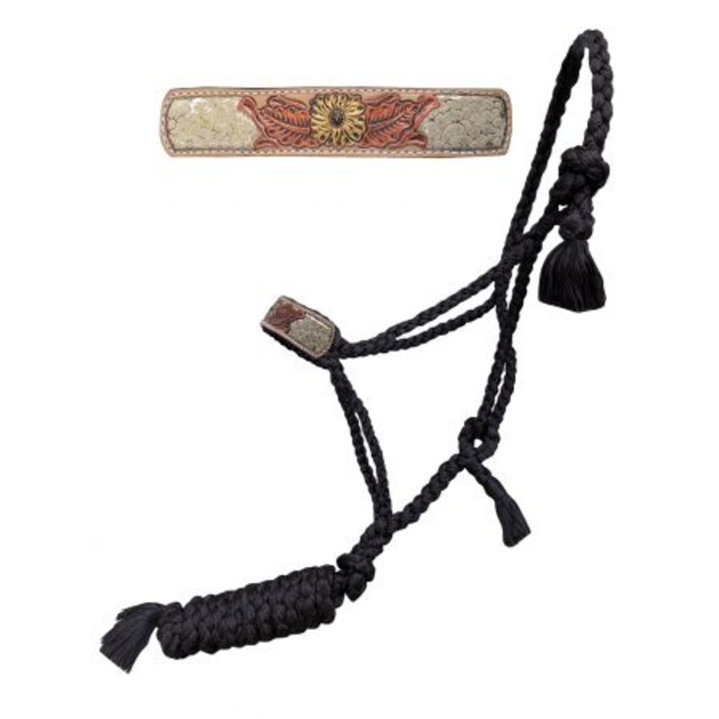Showman  Woven black nylon mule tape halter with hand painted flower accent on glitter inlay snakeskin noseband
