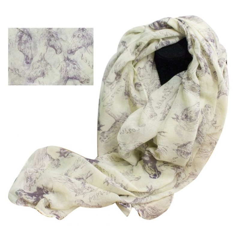 #CSJL12-PL: 70″ X 40″ Oversized soft, cream voile scarf with purple horse design