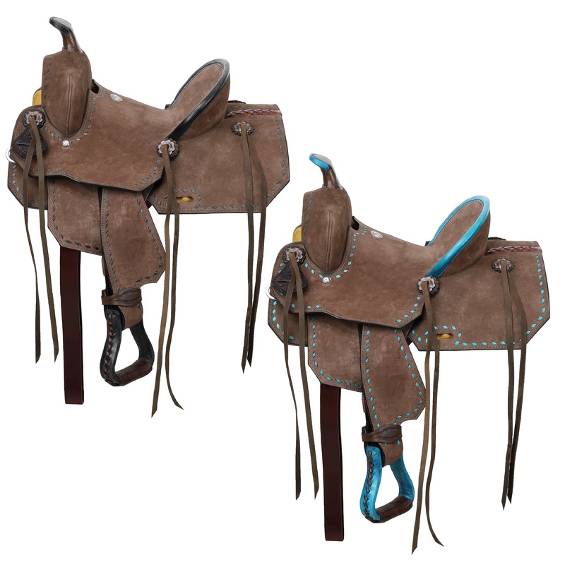 Double T YouthPony Chocolate Roughout Barrel Saddle with Buckstitch – 12 Inch