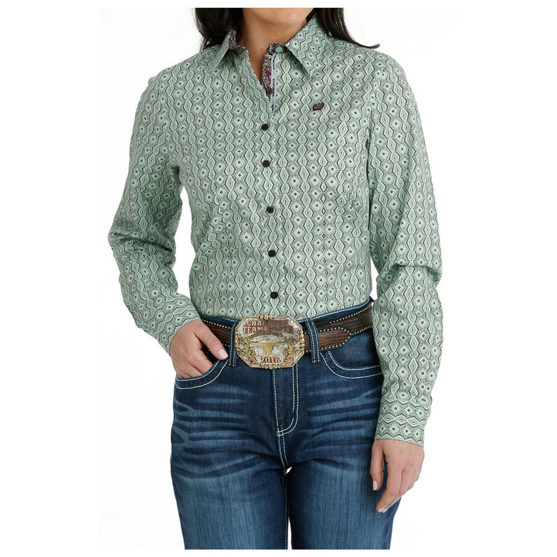 MSW9165043 Cinch Women’s Long Sleeve Stripe Western Shirt – Green Print