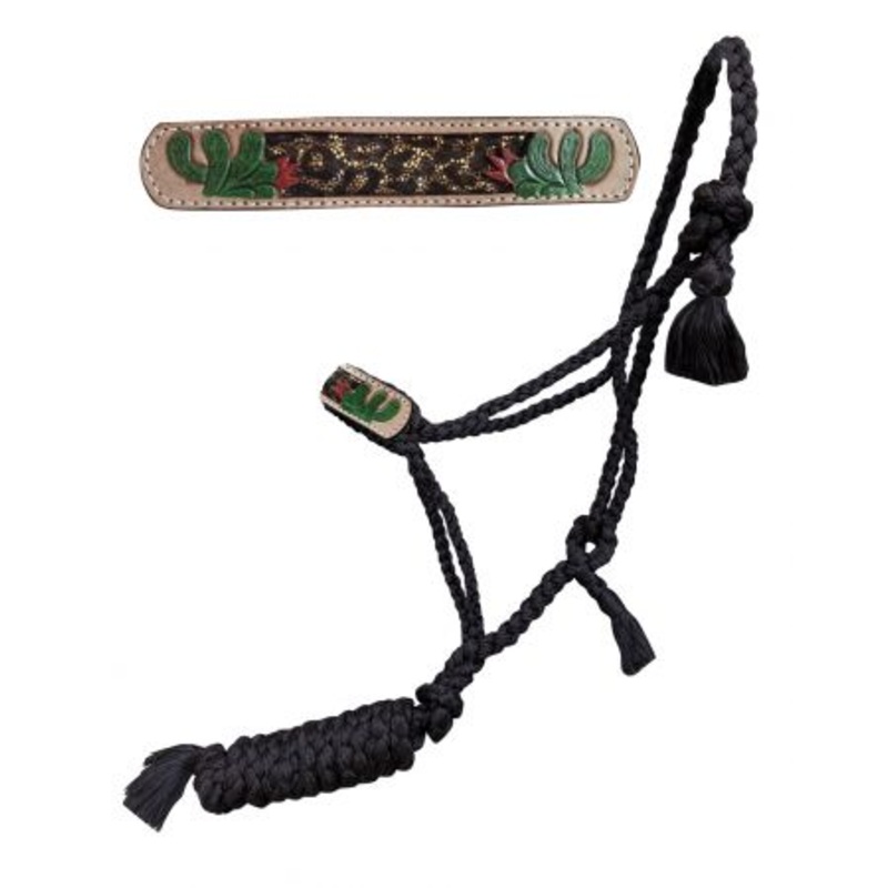 Showman  Woven black nylon mule tape halter with hand painted cactus accent with glitter cheetah inlay on the noseband
