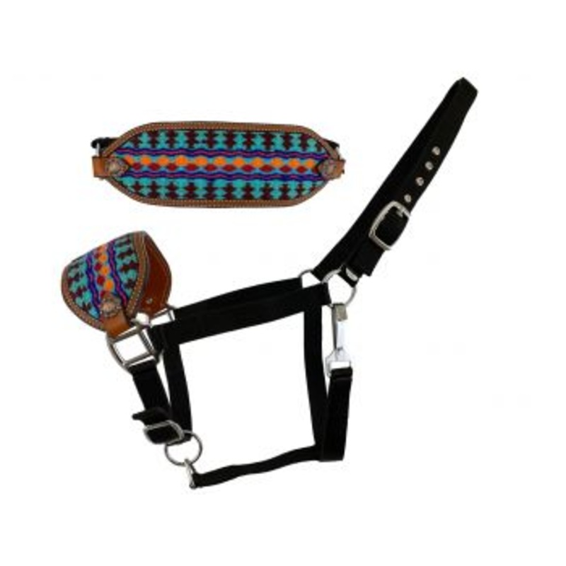 #202571: Showman  Adjustable nylon bronc halter with southwest design noseband in teal and brown