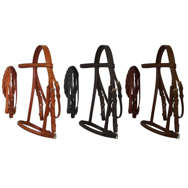 #5900M: Mini SizeEnglish headstall with raised browband and braided leather reins