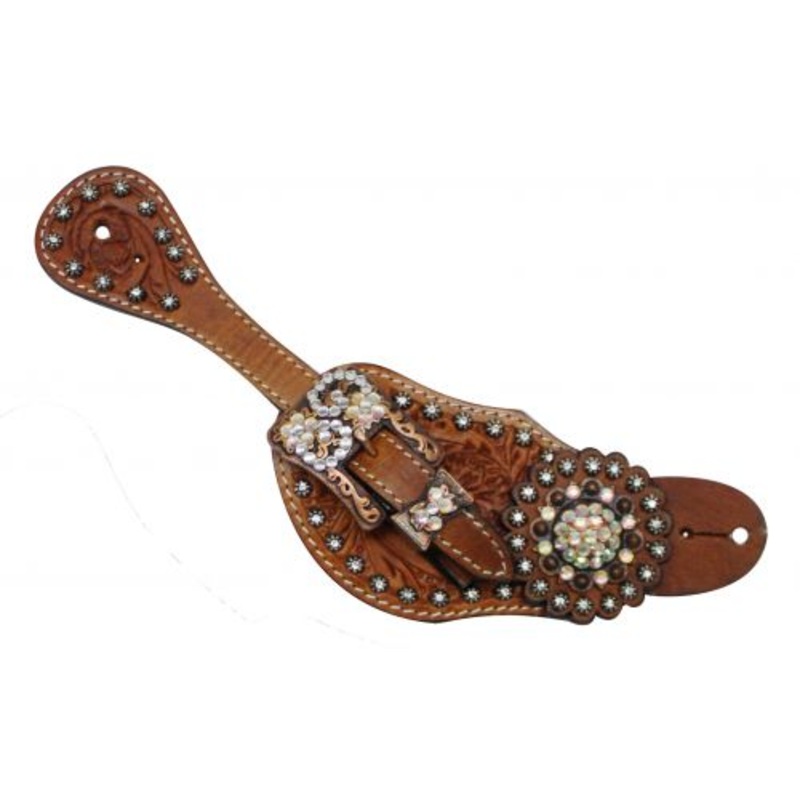 #7135: Showman Ladies Tooled Leather Spur Straps with Vintage Style Buckle and Crystal Rhinestone
