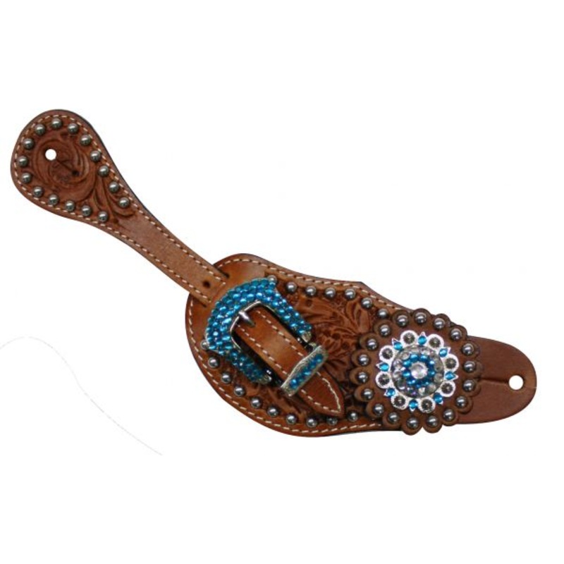 Showman Ladies Tooled Leather Spur Straps with Blue Rhinestone Hardware and conchos
