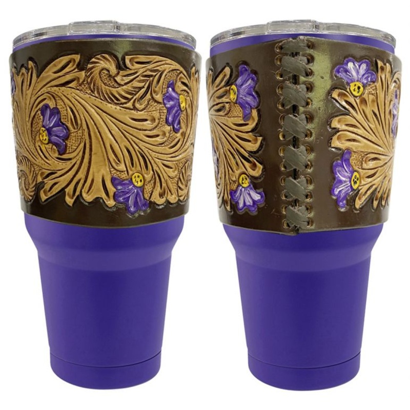 30 oz Insulated Purple Tumbler with Removable Leather Aztec Print Sleeve-FREE SHIPPING