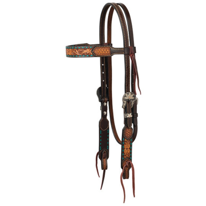 Weaver Leather Floral Tooled Browband Headstall with Turquoise Buckstitch