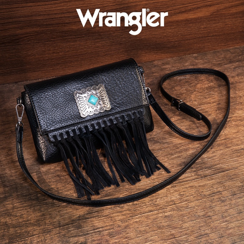 Wrangler Turquoise Stone Concho Fringe Clutch/Crossbody Black-FREE SHIPPING
