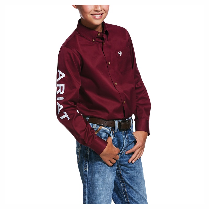 10030163 Ariat Boys TEAM Logo Twill Long Sleeve Shirt – Burgundy/White