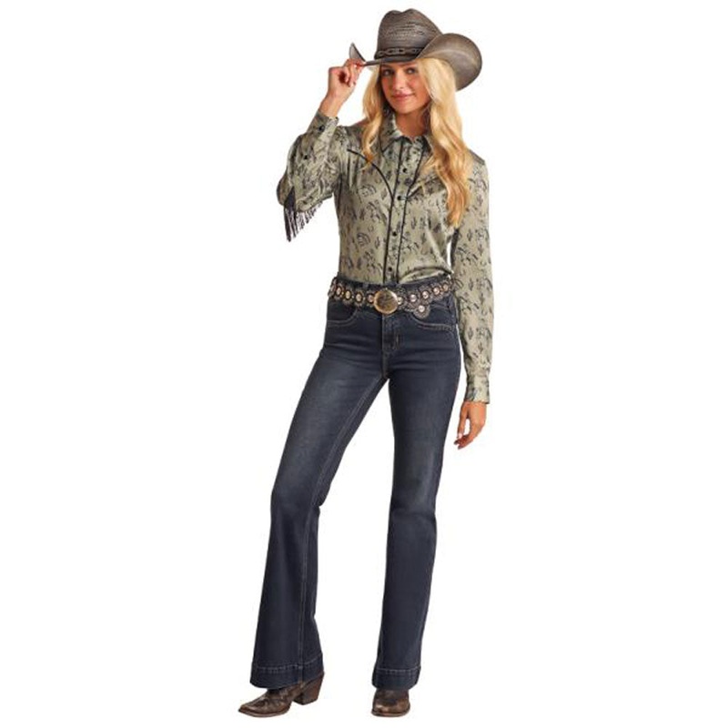 BWN2S05892 Rock & Roll Women’s Long Sleeve Conversational Satin Snap Shirt – Jade