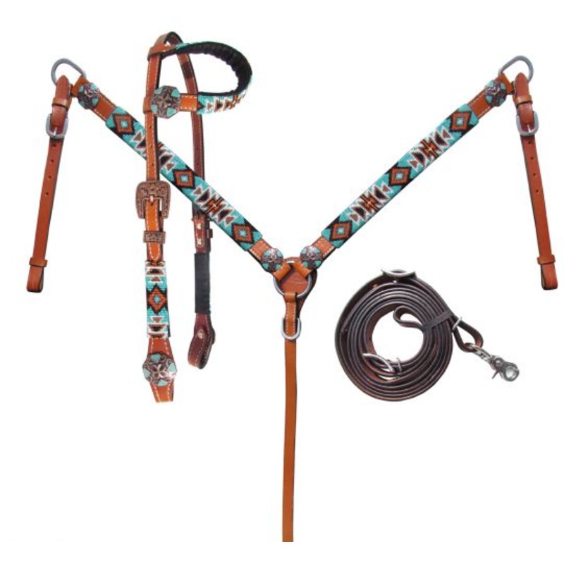 #14026: Showman Turquoise and OrangeBeaded Aztec Headstall and Breastcollar Set