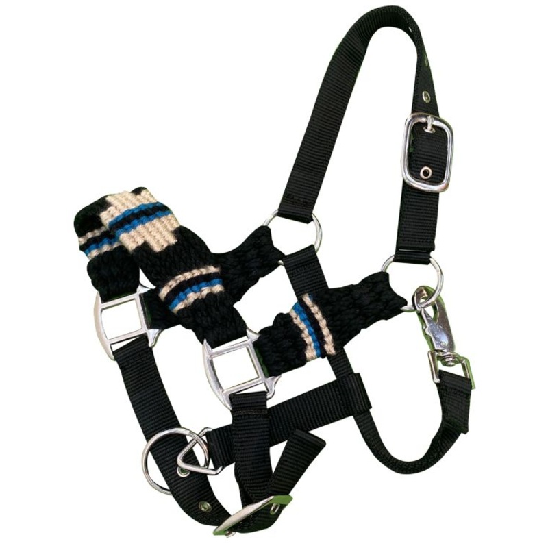 Showman Pony Cotton Corded String Nylon Halter – Black and creamPONY SIZE