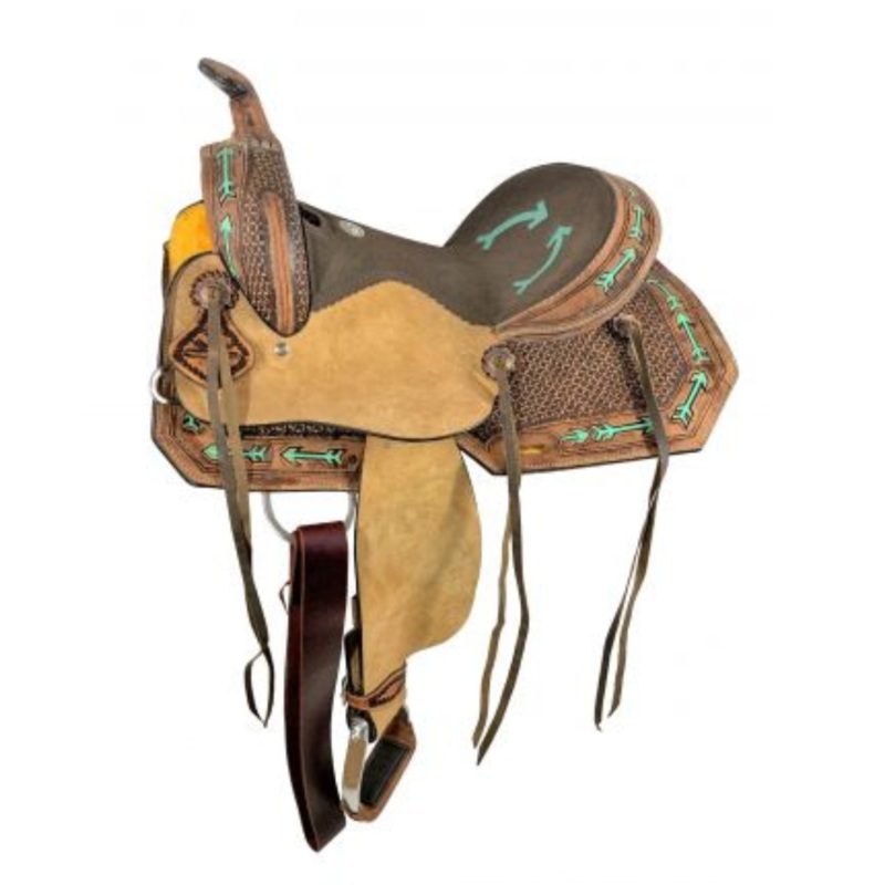 15″ Double T  Youth Hard Seat Western saddle with teal arrow Accents