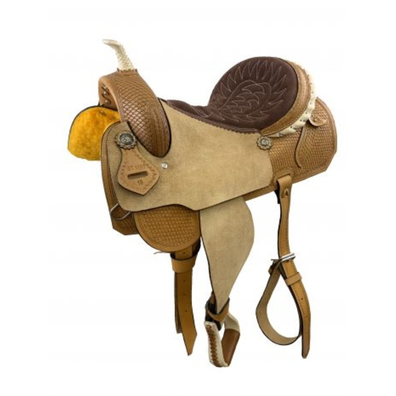 #ST1109: 16″ Light Oil Barrel Style saddle with roughout fenders & jockies, and padded brown suede