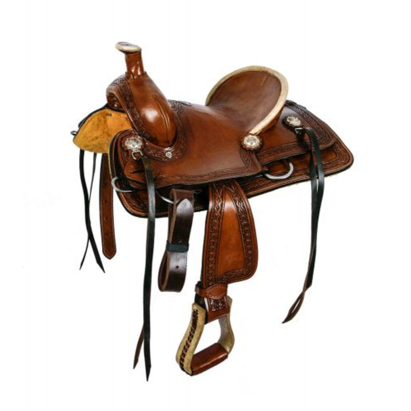12 Double T hard seat roper style saddle with Aztec design tooling