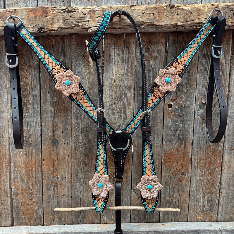 Multi Flower Bling & Turquoise One Ear – Breastcollar Tack Set #OEBC651