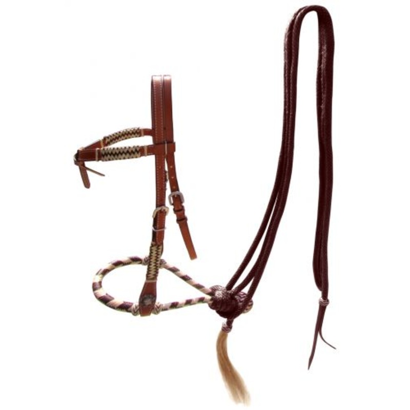 #14099: Showman leather futurity knot headstall with brown rawhide braided bosal and brown nylon