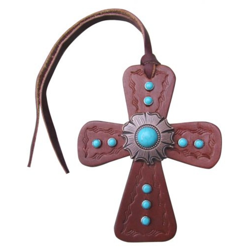 #176655: Showman Leather Tie On Cross with Turquoise Stone Concho