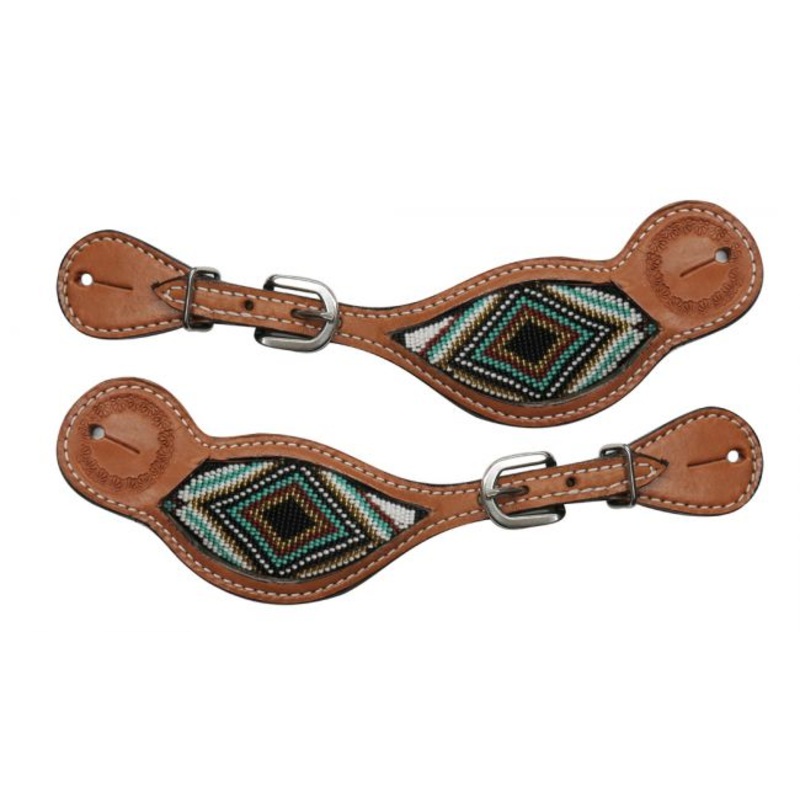 #30838: Showman  Medium Argentina cow leather spur straps with beaded inlay