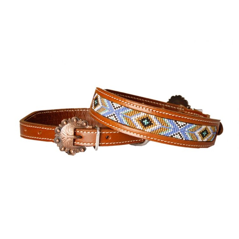 Showman Couture Genuine leather dog collar with periwinkle, mint, gold, and white beaded inlay