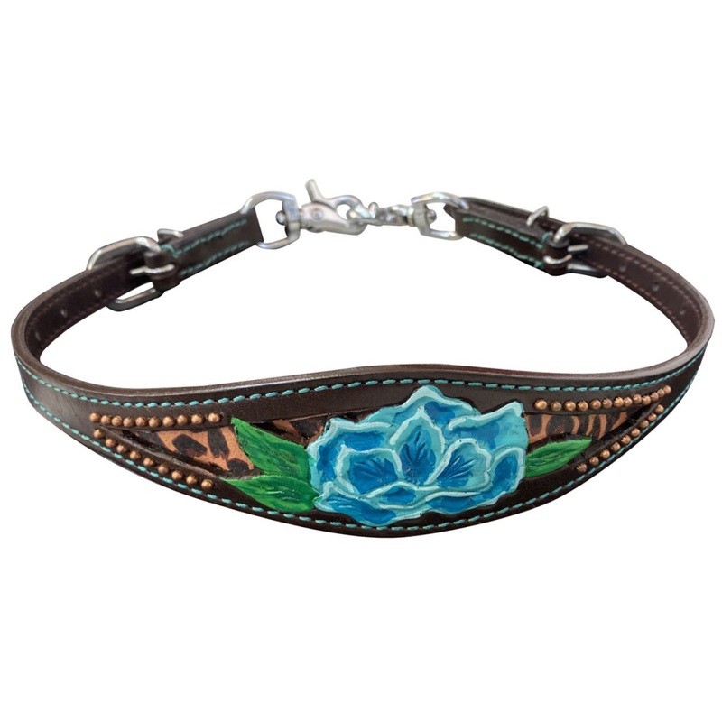 Showman  Leather wither strap with blue painted poppy flower design on cheetah inlay