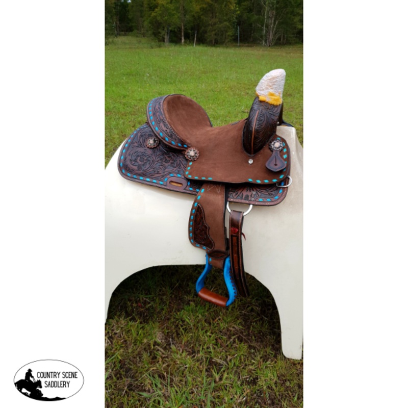 12″Double T Youth hard seat barrel style saddle with turquoise buckstitch trim ~