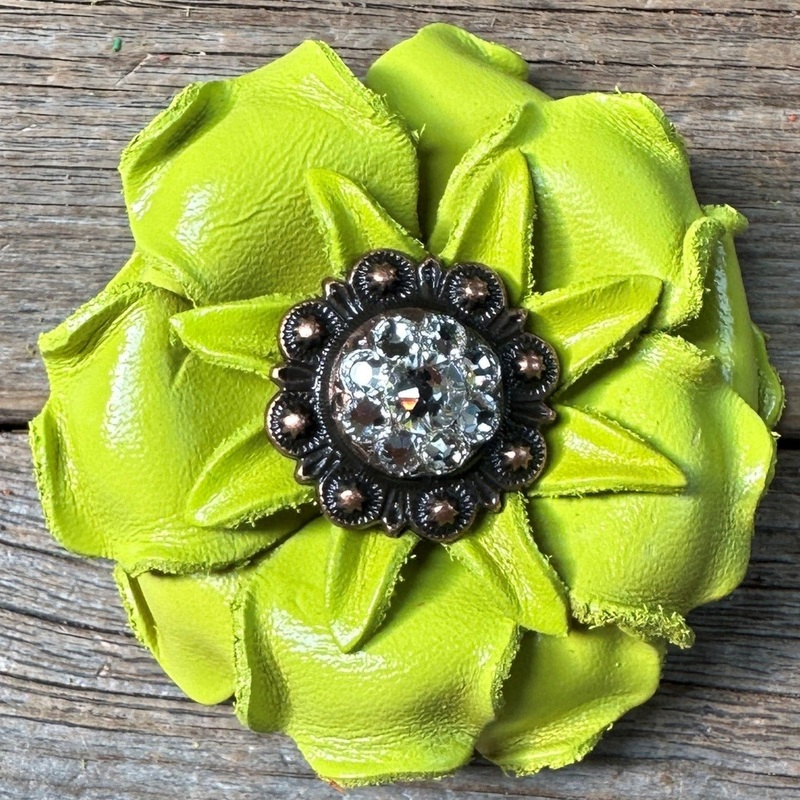 Neon Lime Gardenia Flower With Copper Clear 1″ Concho