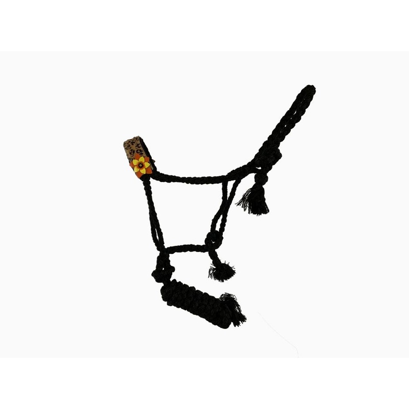 Showman Woven black nylon mule tape halter with hand painted 3D flower accent on hair on cheetah noseband