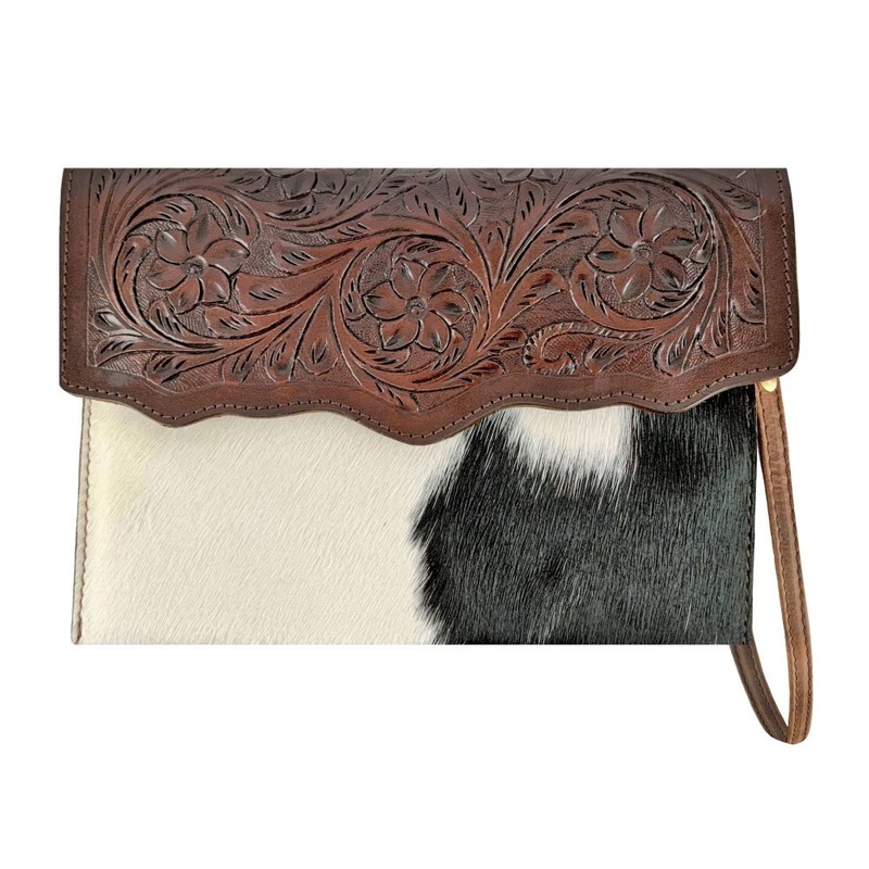 Klassy Cowgirl  Dark Leather Crossbody Bag with Black and White hair on cowhide