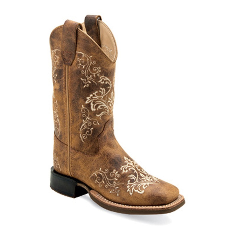 BSC1958 Old West Girl’s Square Toe Leather Western Boot Brown with Embroidery