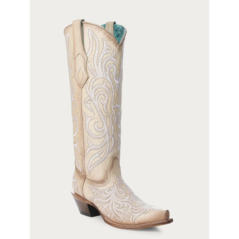 WOMEN’S WHITE EMBROIDERY STRAW TALL TOP SNIP TOE COWBOY BOOT