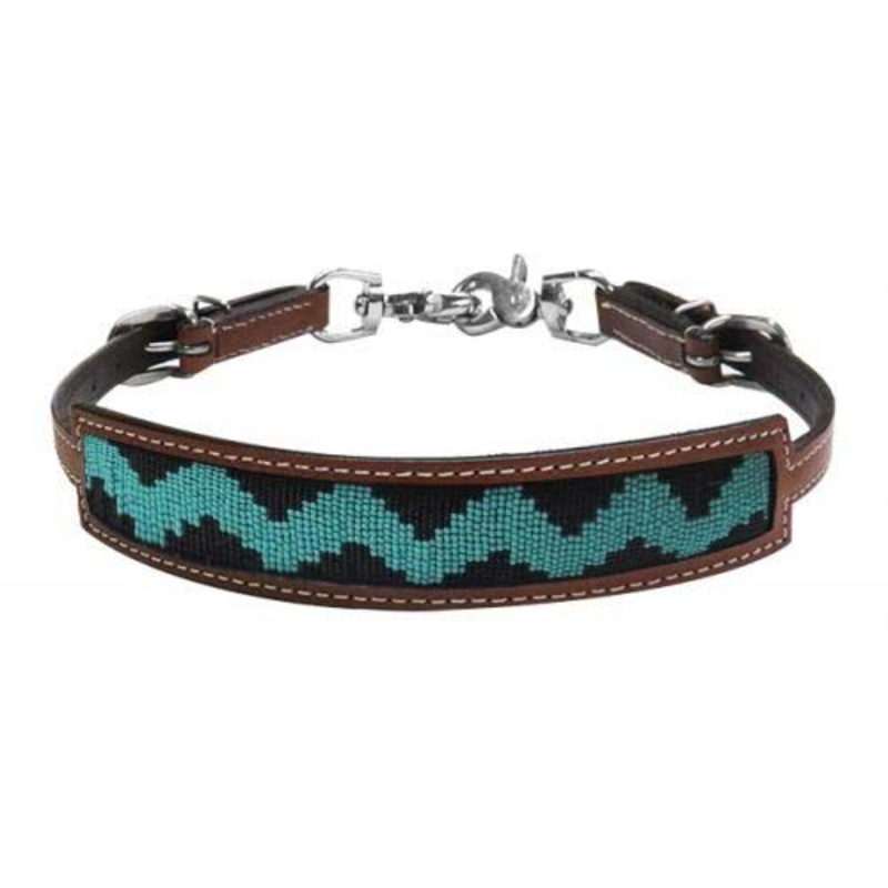 #19315: Showman  Medium leather wither strap with teal and black zig zag beaded inlay