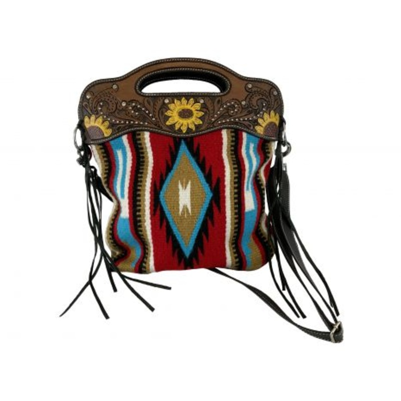 #202596: Showman  Southwest Saddle blanket handbag with genuine leather floral tooled handle accen
