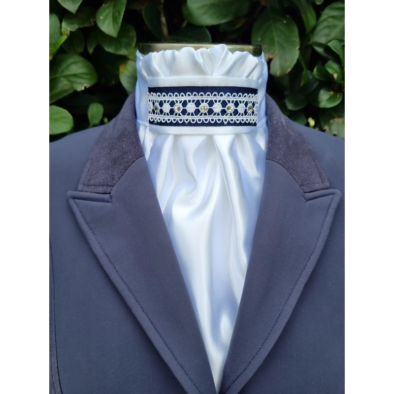 Cadenza Stock Tie ~  White/ Navy ribbon with crystal trim