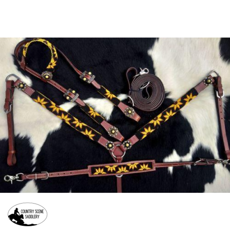 Showman Beaded Sunflower 4 Piece Headstall and Breastcollar Set.