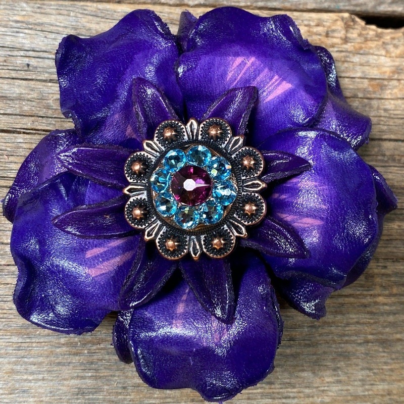 Purple Gardenia Flower With Copper Amethyst & Aqua 1″ Concho