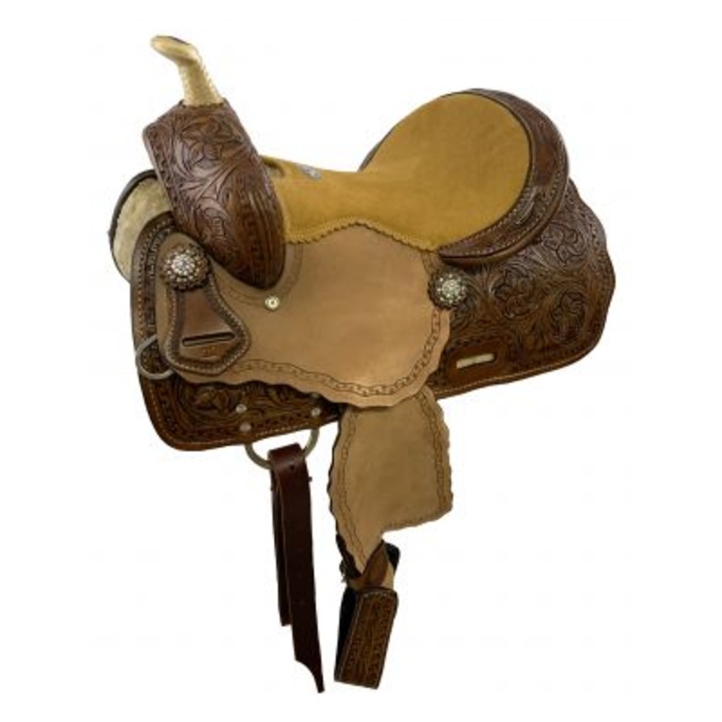 #205: 12″ Double T Medium Oil Youth Barrel Style Saddle Set with Suede Seat