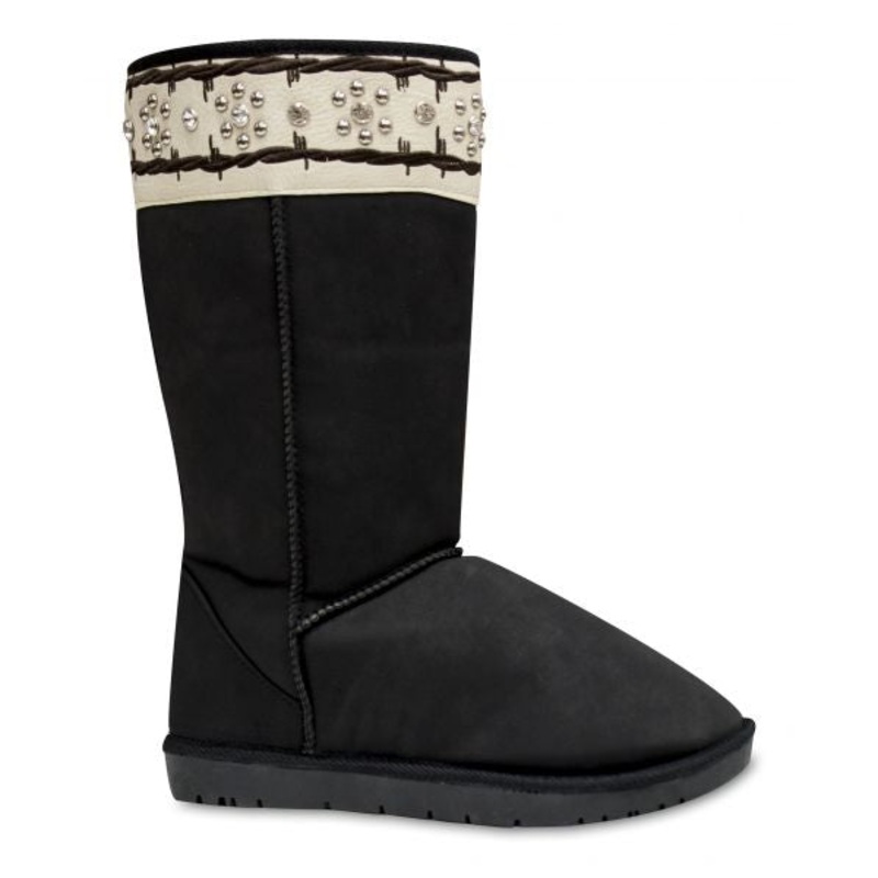 #BA3341-D: Black Suede Tall Boot with ivory leather trim accented with barbed wire embroidery and c
