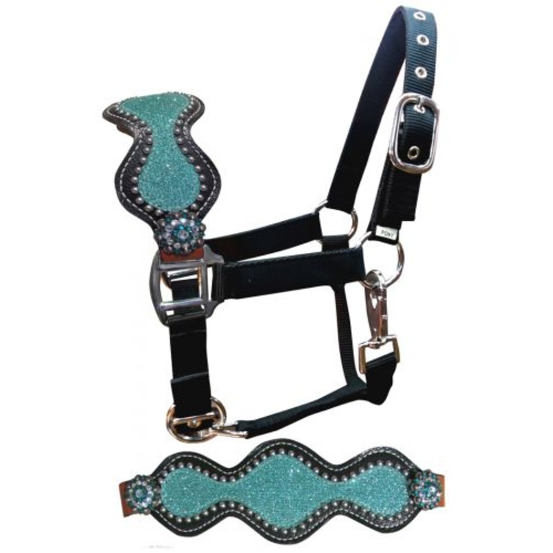 #16604P: Showman PonyLeather Bronc Halter with Teal Glitter Inlay