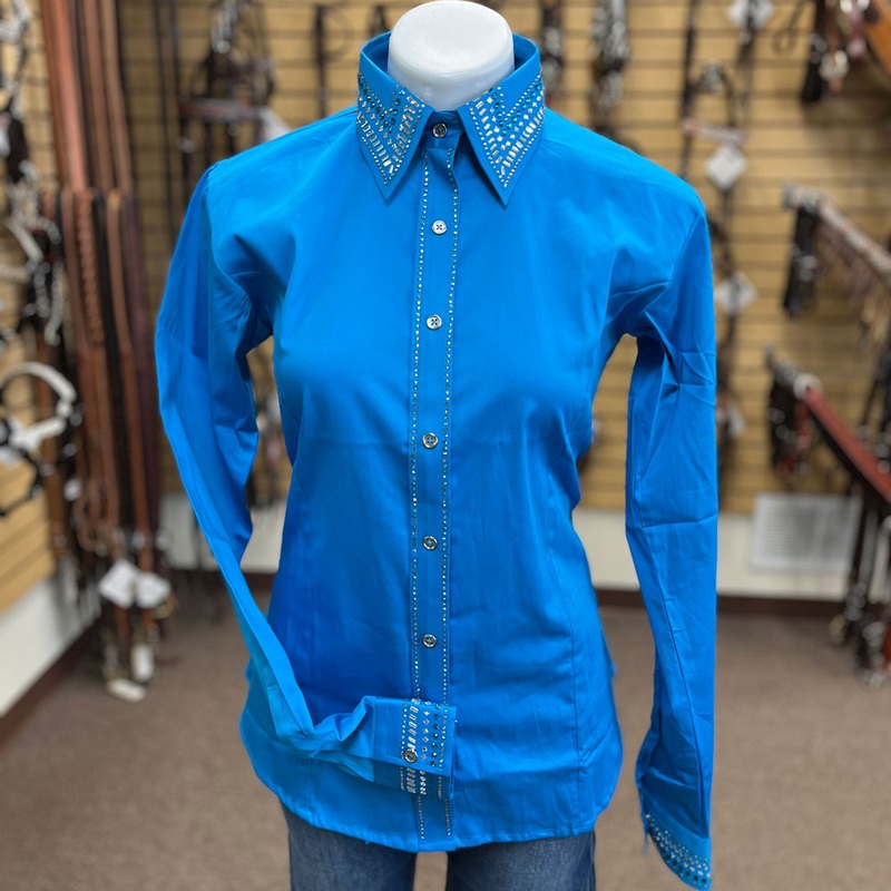 70081Turq Royal Highness Sateen Show Shirt w/Stones Concealed Zipper Faux Button Placket