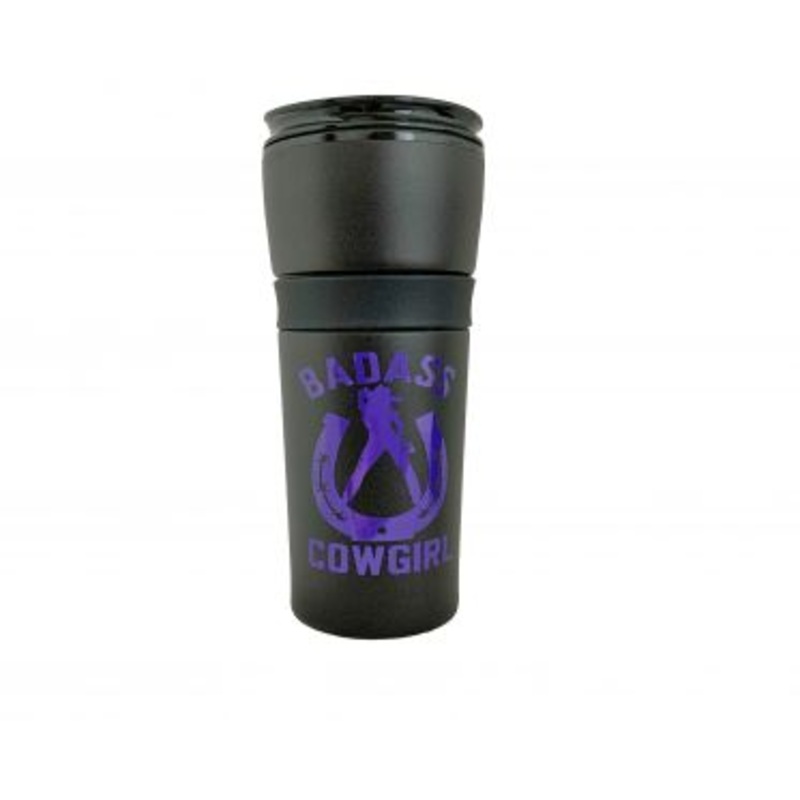 #912: 16 oz Black Coated Stainless w/Purple Bad Ass Cowgirl Logo