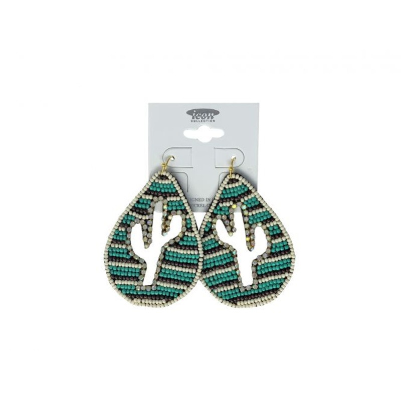 Teardrop shaped teal beaded Cactus cutout Earring