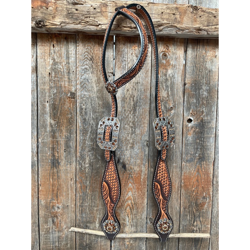 Brown Leaf Scalloped Champagne an Topaz One Ear Headstall #OE105
