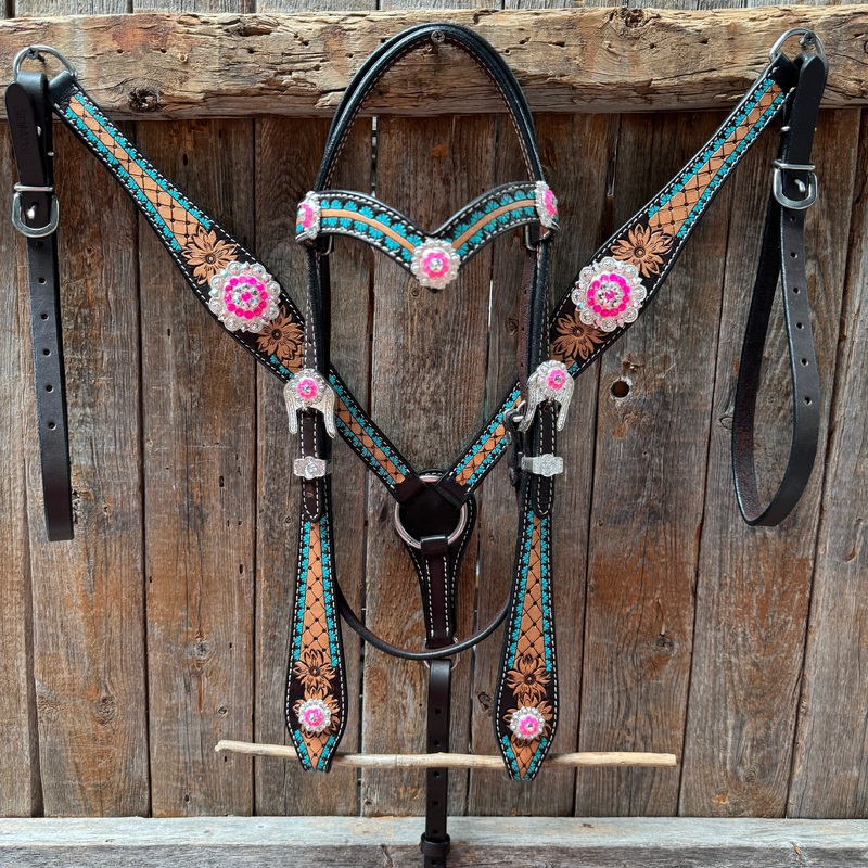 Multi Flower Hot Pink Browband / One Ear – Breastcollar Tack Set #BBBC647