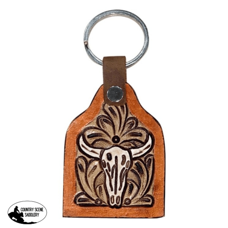 177928  Showman  Cow tag shaped White painted tooled leather cow skull keychain