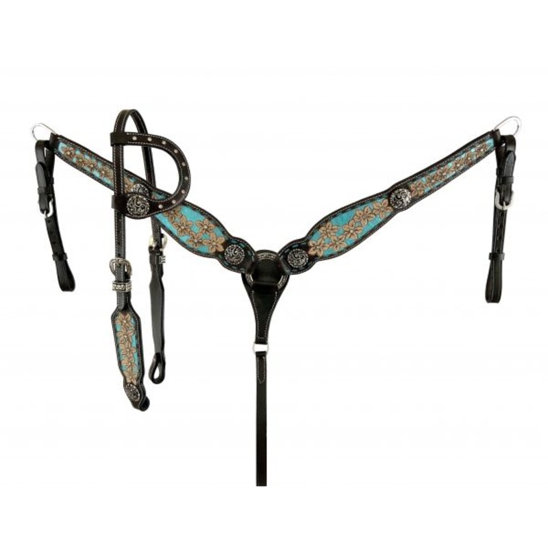 Showman  Tooled Flowers on Blue Glitter Inlay Single Ear Headstall and Breast Collar Set