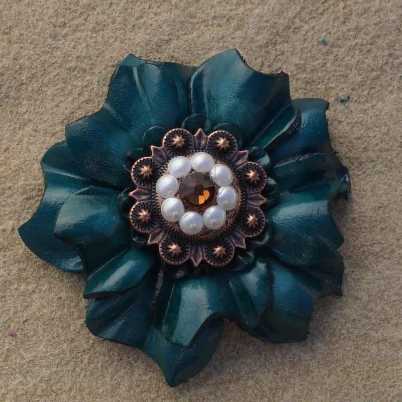 Teal Carnation Flower With Copper Topaz & Pearl  1″ Concho